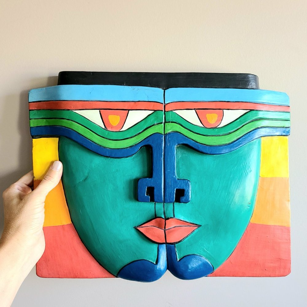 Wooden Abstract Multicolored Face Wall Hanging. Looks like Laurel Burch.